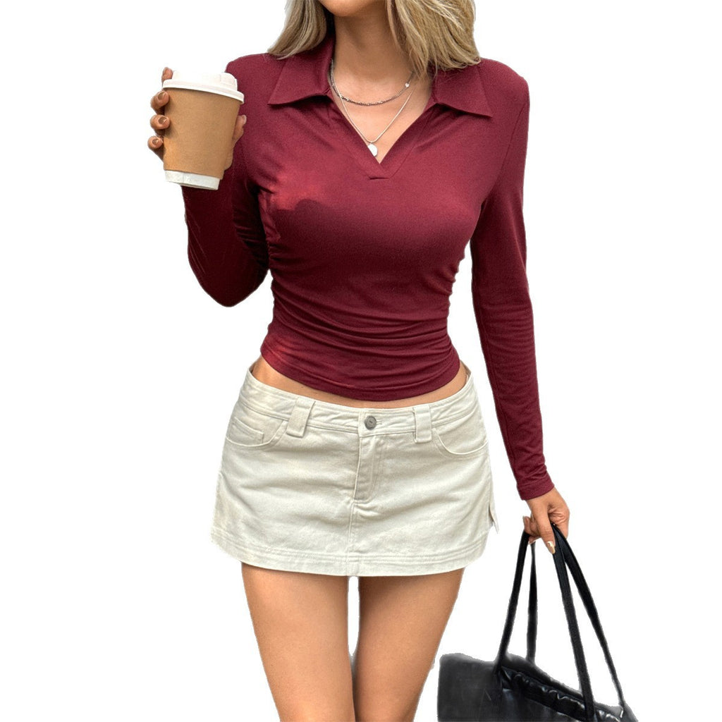 Elegant Slim Fit Long Sleeve Polo Collared Cropped Top for Women