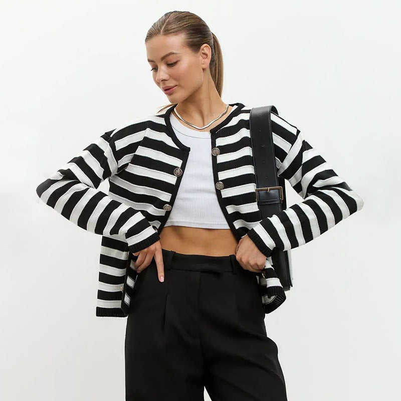 Elegant Striped Long Sleeve Knit Cardigan with Round Neck and Buttons