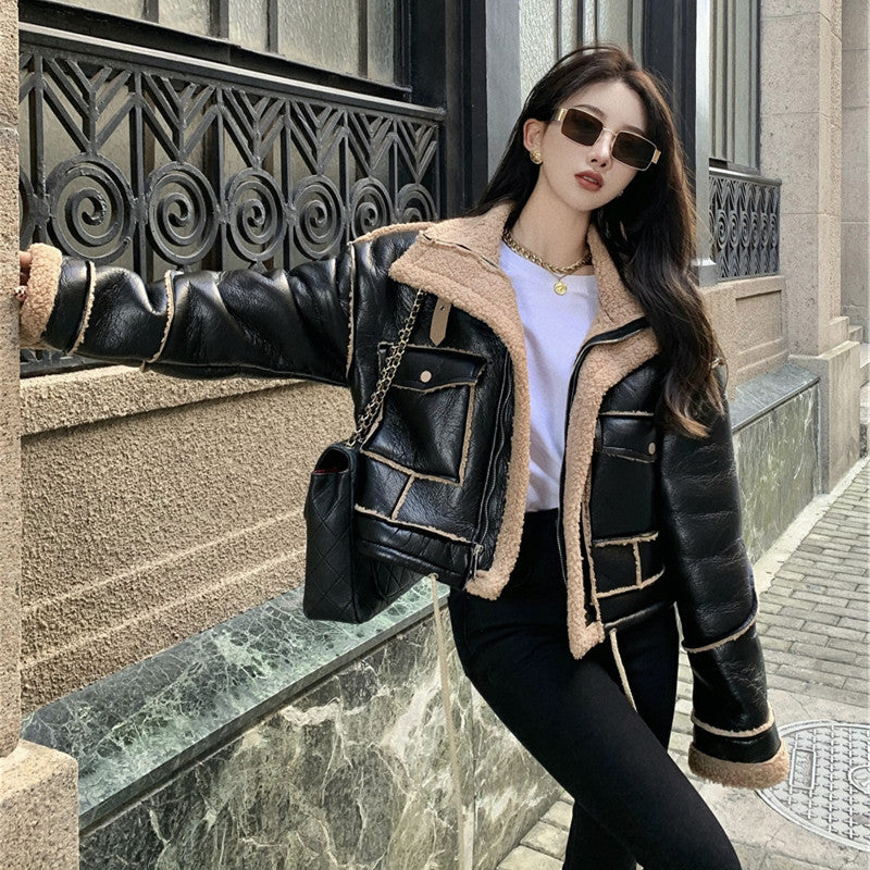 Chic Faux Leather Aviator Jacket with Warm Sherpa Lining and Buckle Details