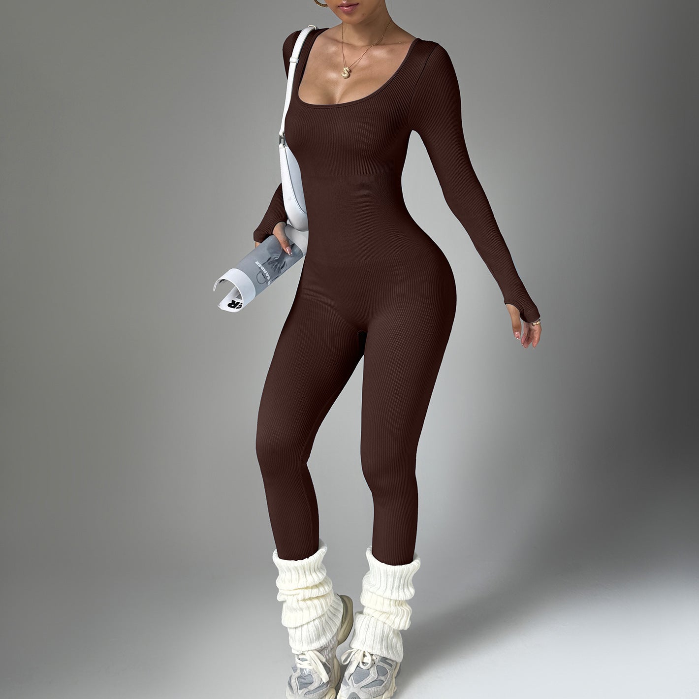 Form Fitting Long Sleeve Ribbed Activewear Bodysuit for Yoga and Fitness