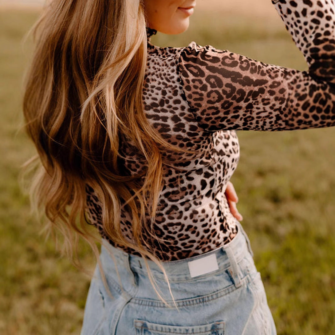 Chic Leopard Print Mesh Long Sleeve Turtleneck Top