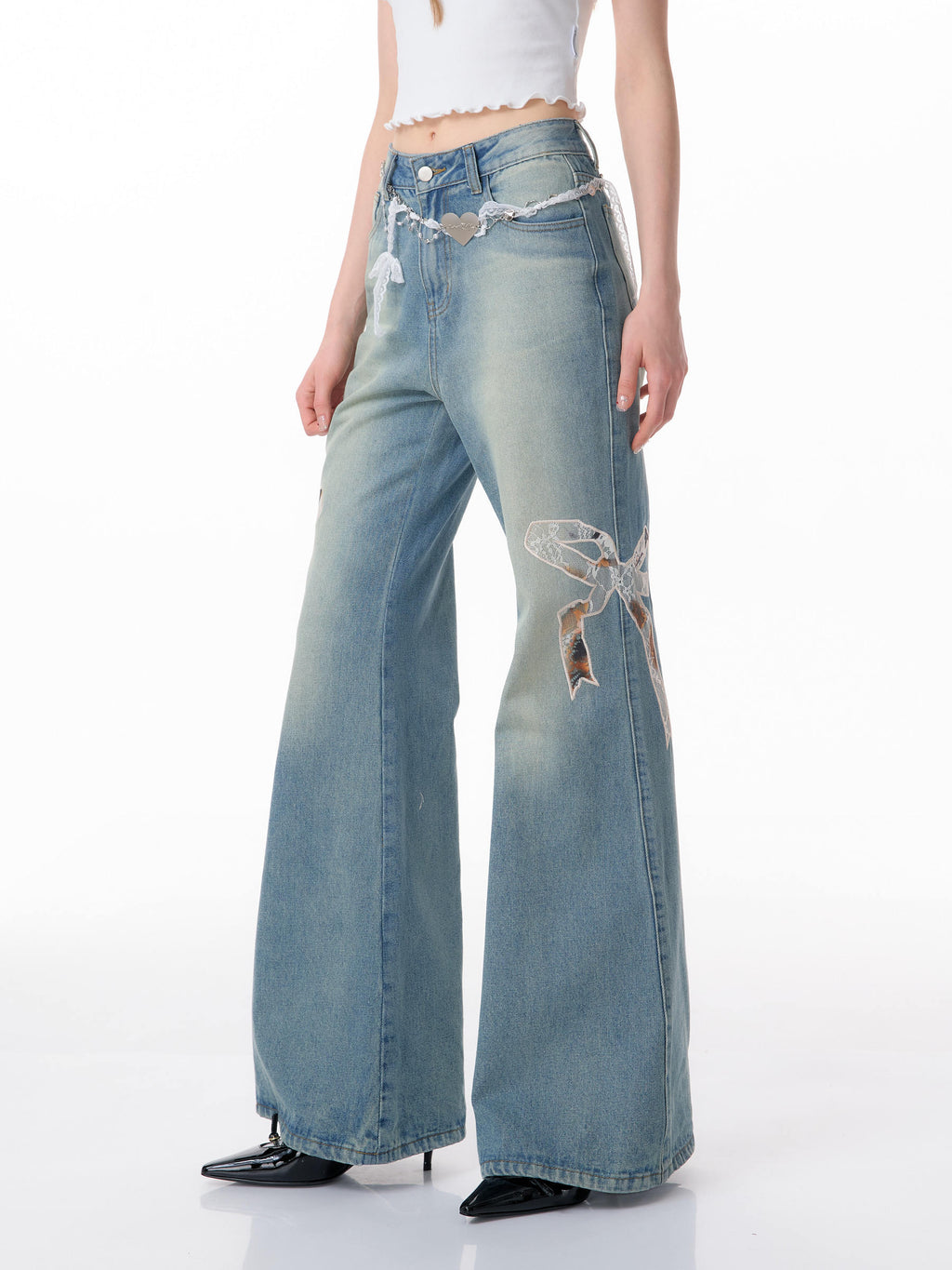 Y2K Bow Patch High Waist Wide Leg Jeans