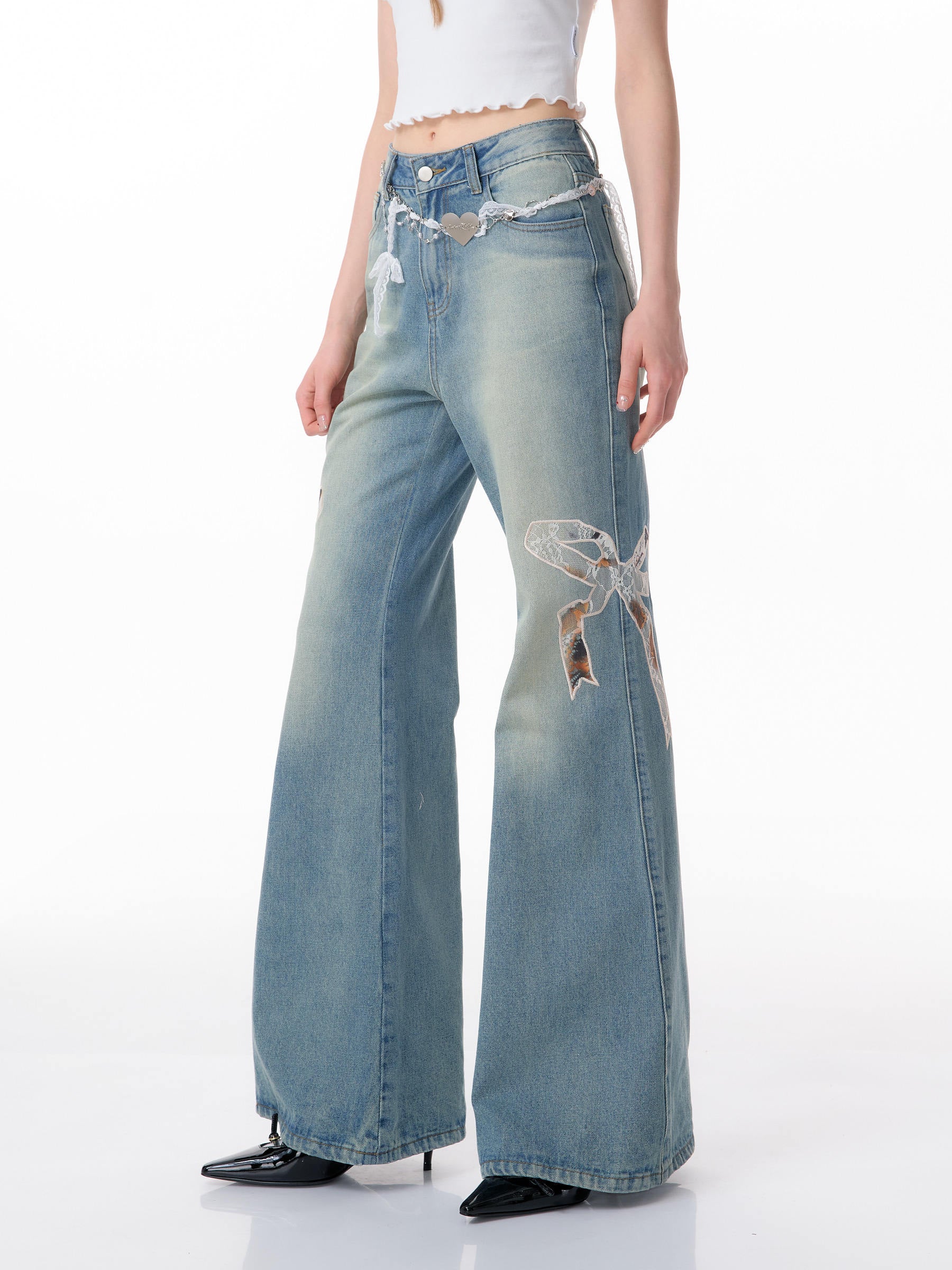 Y2K Bow Patch High Waist Wide Leg Jeans