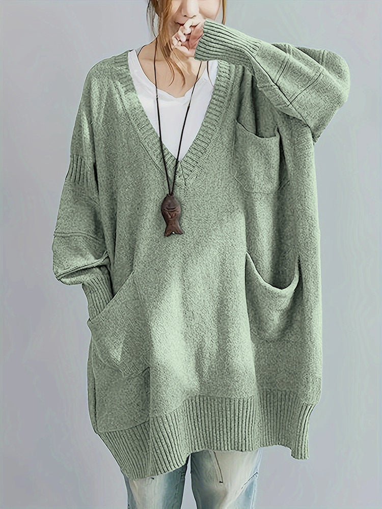 Comfortable Loose Fit V Neck Long Sleeve Pullover Sweater with Pockets