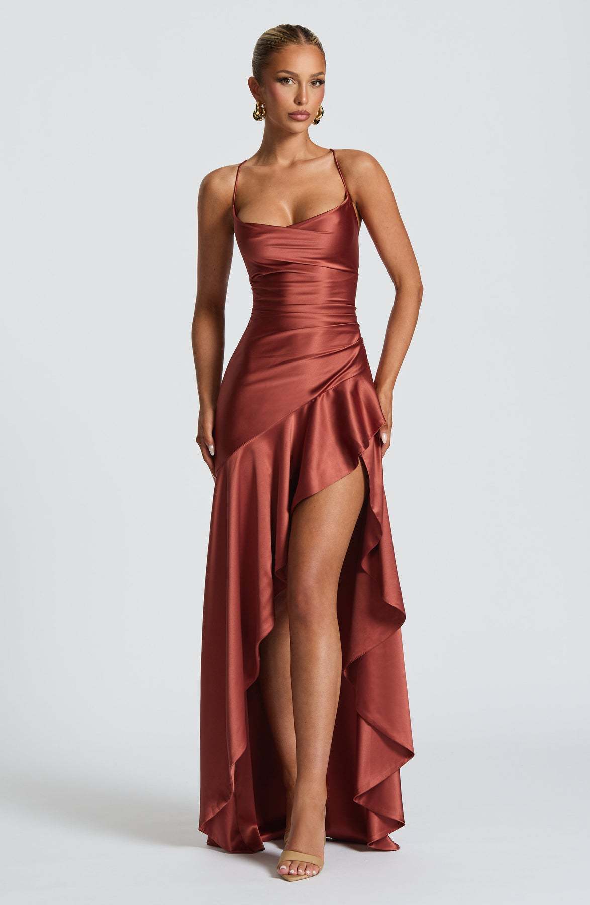 Glamorous Backless Ruffled High-Slit Maxi Dress for Evening Wear