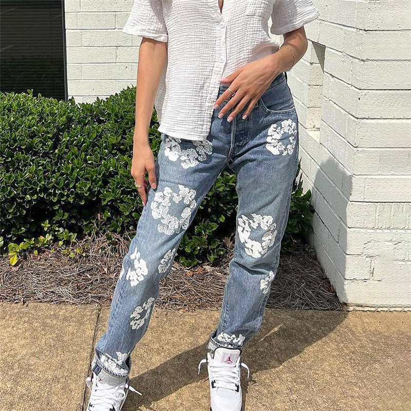 Trendy Floral Print High Waist Straight Jeans
