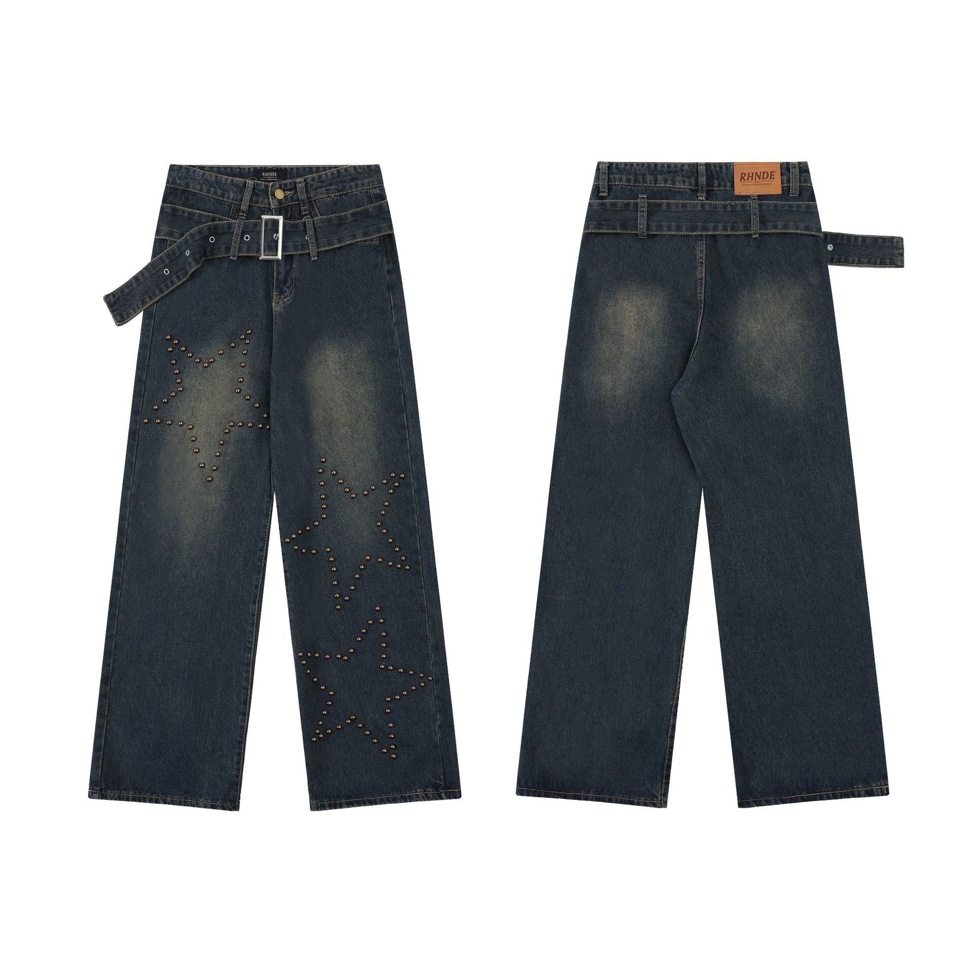 Retro Washed Studded Straight-Leg Baggy Denim Jeans