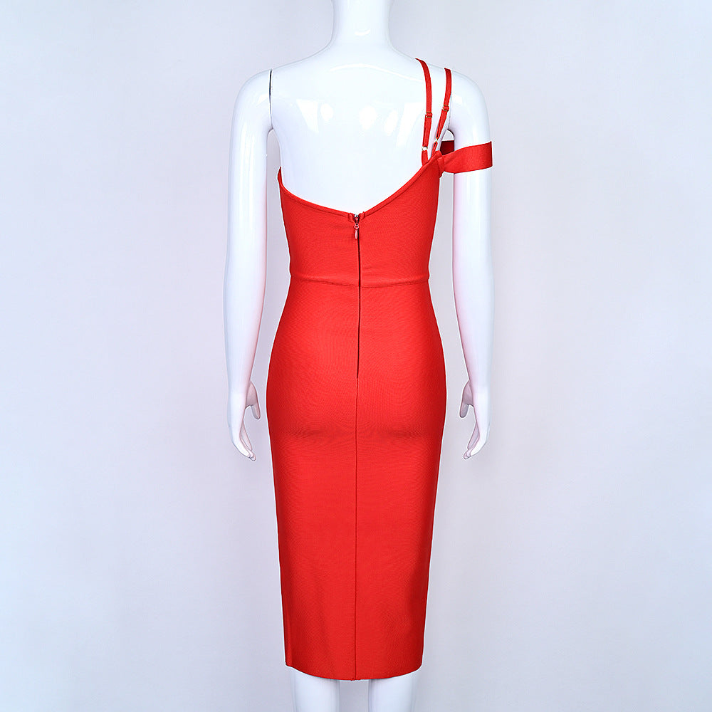Stunning Red One-Shoulder Bandage Bodycon Midi Dress