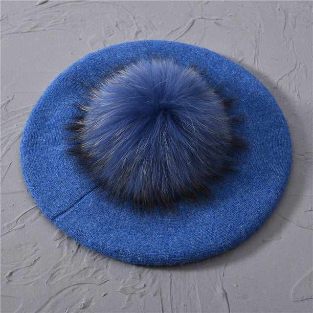 Women's Wool Beret with Real Raccoon Fur Pom Pom