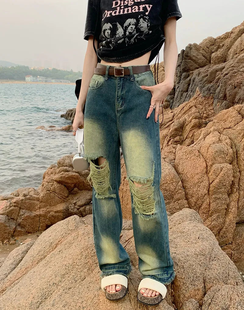 High-Waist Distressed Wide-Leg Denim Jeans