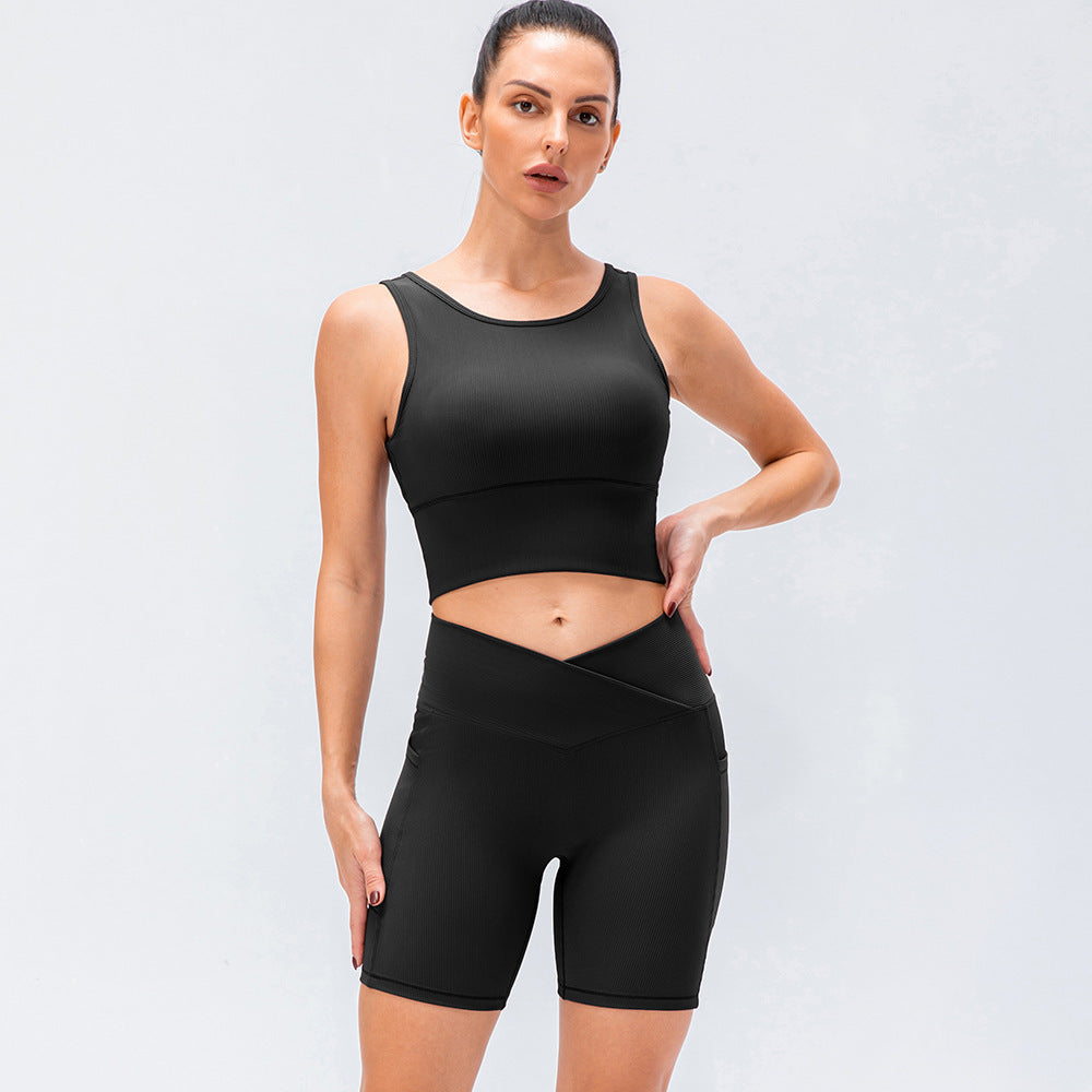 Stylish Ribbed Crop Top and V Waist Biker Shorts Activewear Set