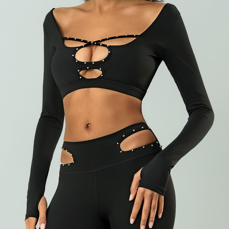 Athletic Long Sleeve Crop Top with Built In Chest Pad and Stylish Studded Cutout Design