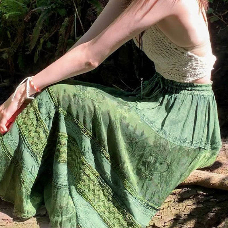 Bohemian Tiered Green Print Flowy Maxi Skirt with Elastic Drawstring Waist