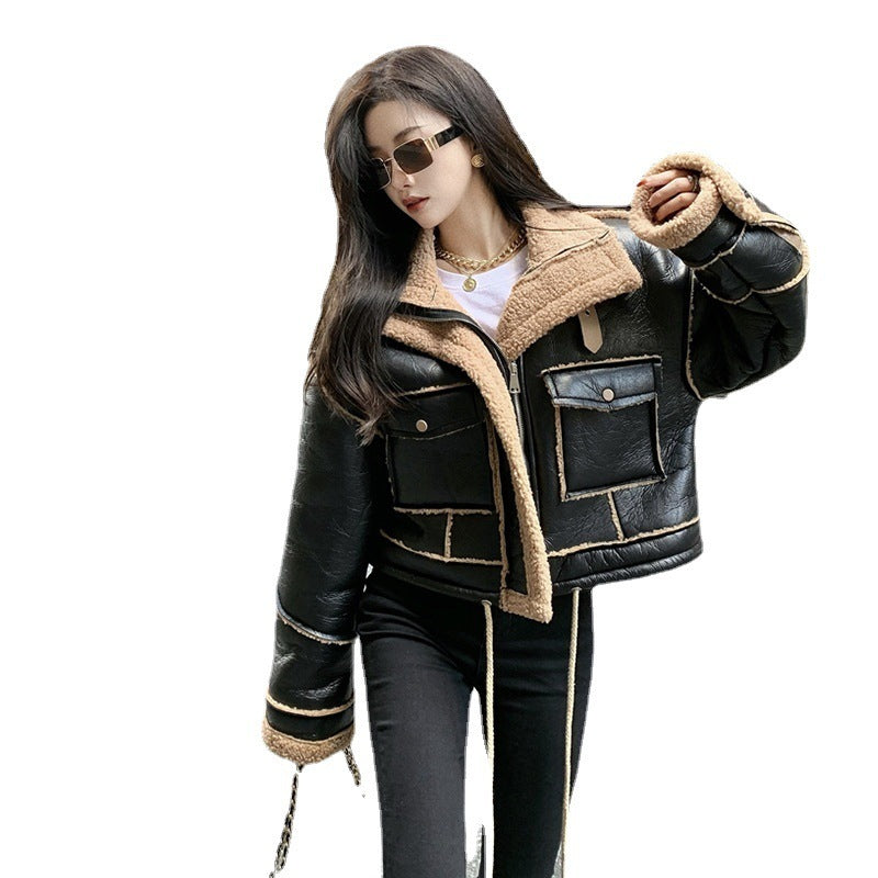 Chic Faux Leather Aviator Jacket with Warm Sherpa Lining and Buckle Details