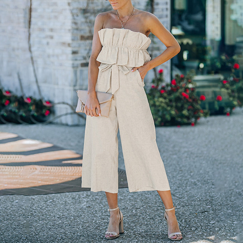 Chic Women's Strapless Ruffle Wide Leg Jumpsuit for Summer Casual Wear