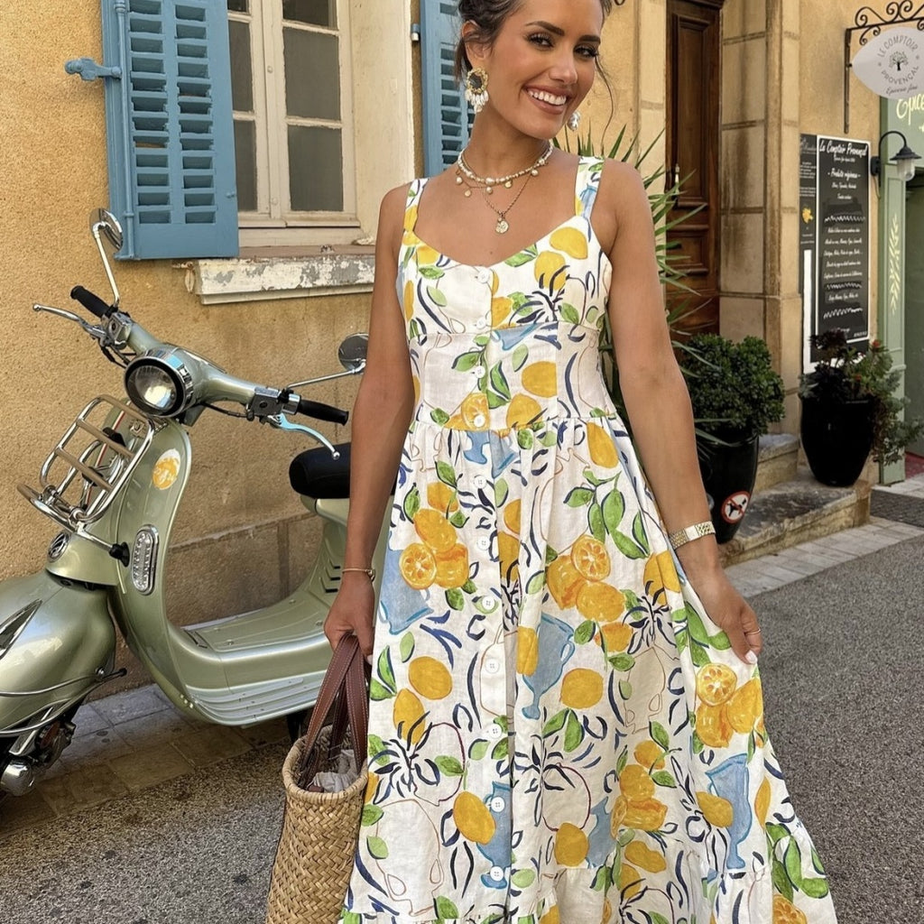 Vibrant Lemon Print Sleeveless Midi Dress - Summer Essential