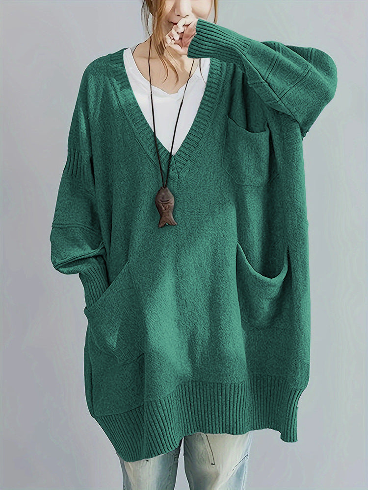 Comfortable Loose Fit V Neck Long Sleeve Pullover Sweater with Pockets