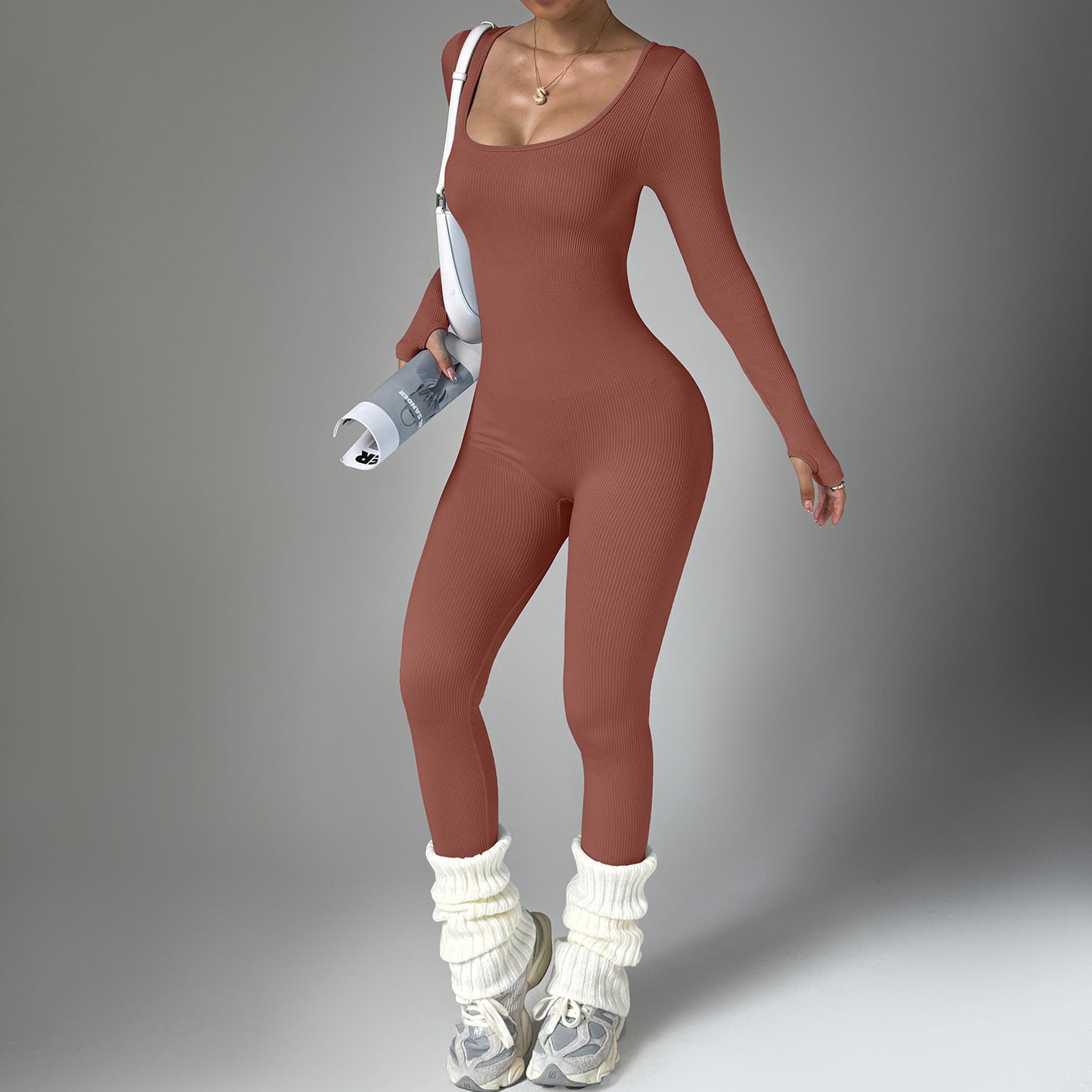 Form Fitting Long Sleeve Ribbed Activewear Bodysuit for Yoga and Fitness