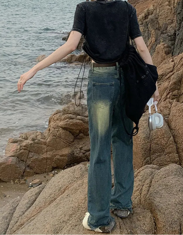 High-Waist Distressed Wide-Leg Denim Jeans
