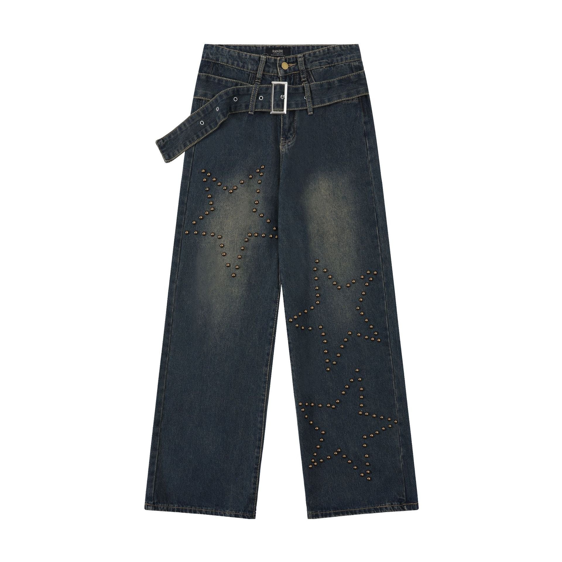Retro Washed Studded Straight-Leg Baggy Denim Jeans