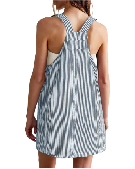 Chic Striped A-Line Pinafore Dress with Adjustable Straps and Pockets