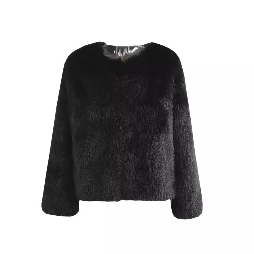 Luxurious Faux Fur Crew Neck Jacket for Autumn and Winter Elegance