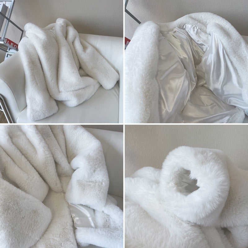 Luxurious Oversized White Faux Fur Winter Coat with Elegant Lapel Collar