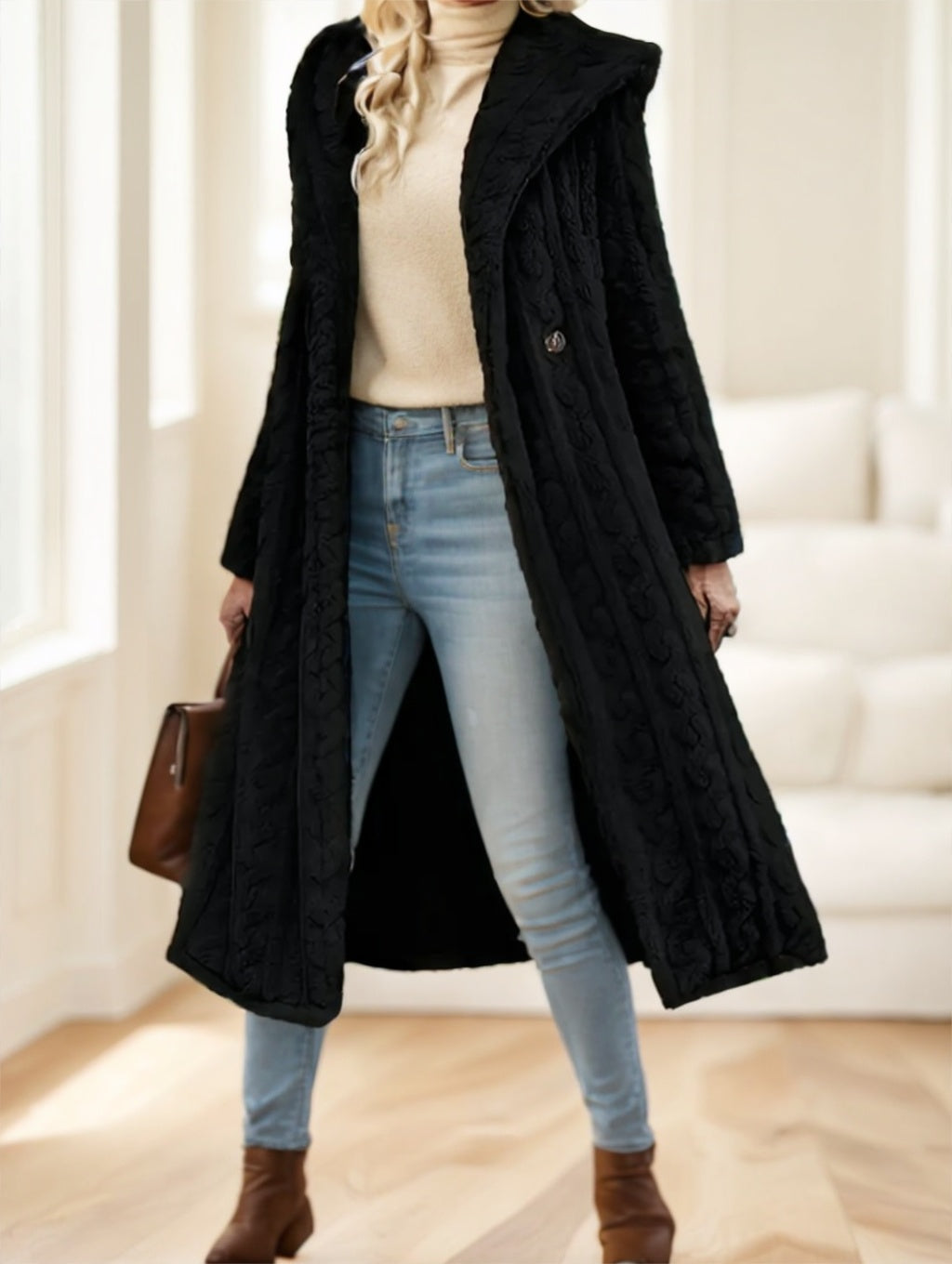 Elegant Textured Hooded Longline Coat Perfect for Winter Style