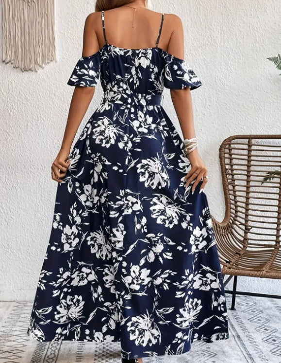 Elegant Floral Print Split Hem Cold Shoulder Summer Maxi Dress with Adjustable Waist