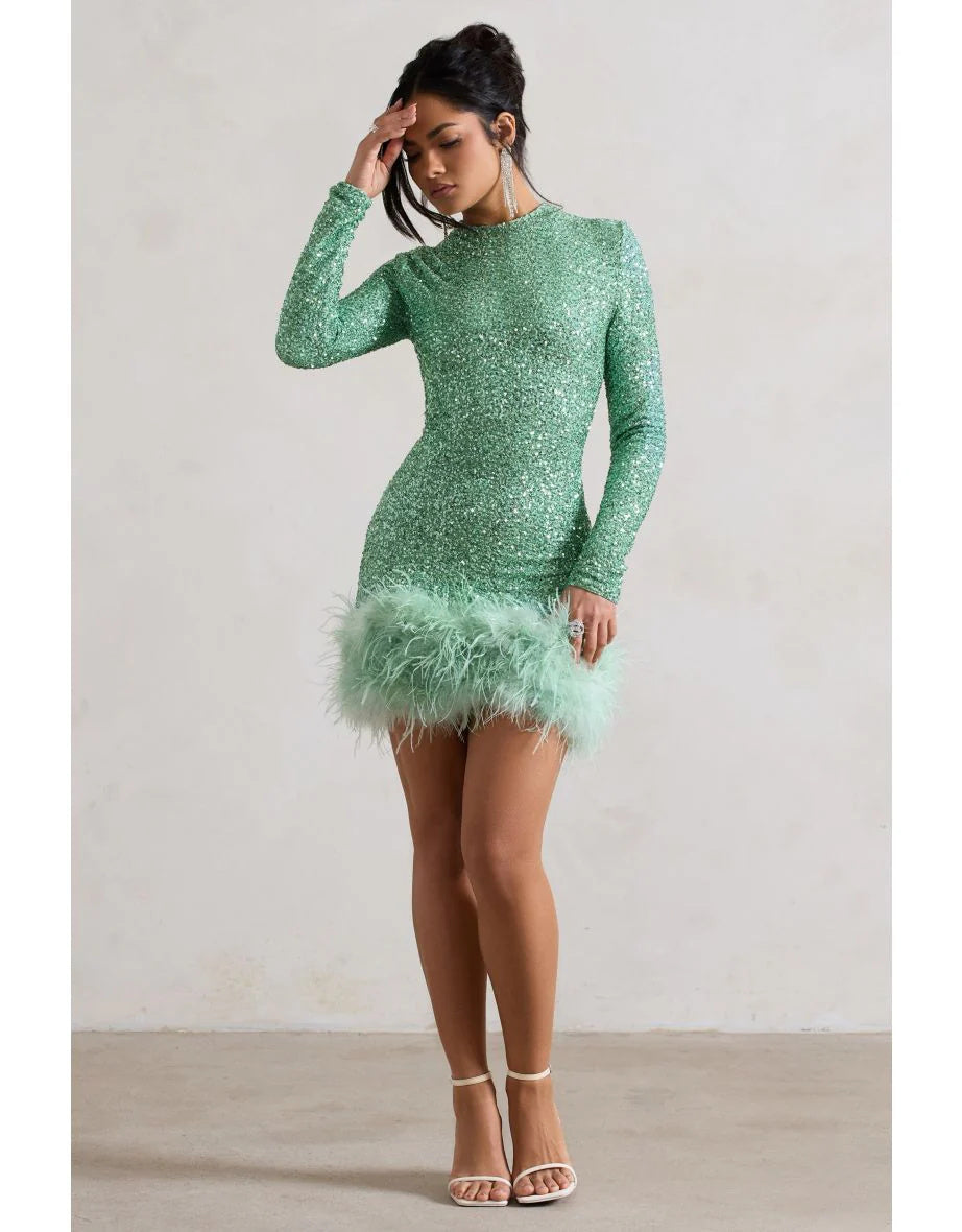 Glam Sequin Feather Mini Dress - Long Sleeve Party Gown
