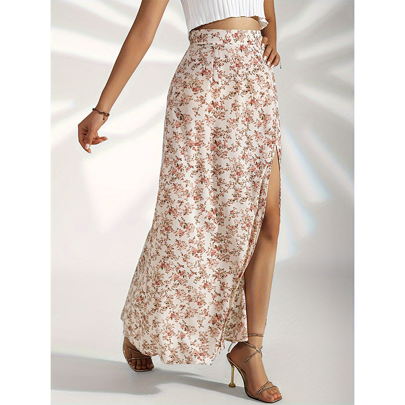 High Waist Floral Print Maxi Skirt with Elegant Side Slit