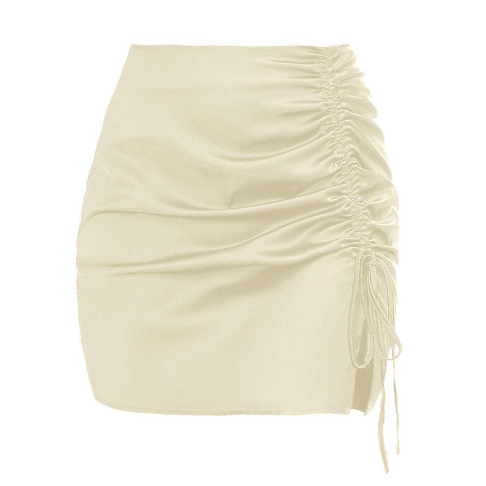 Elegant High Waist Ruched Side Split Satin Mini Skirt