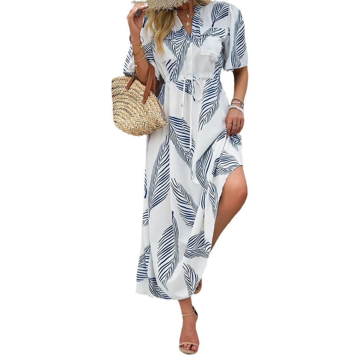 Elegant Tropical Leaf Print Short Sleeve Collared Midi A Line Dress for Summer Vacations