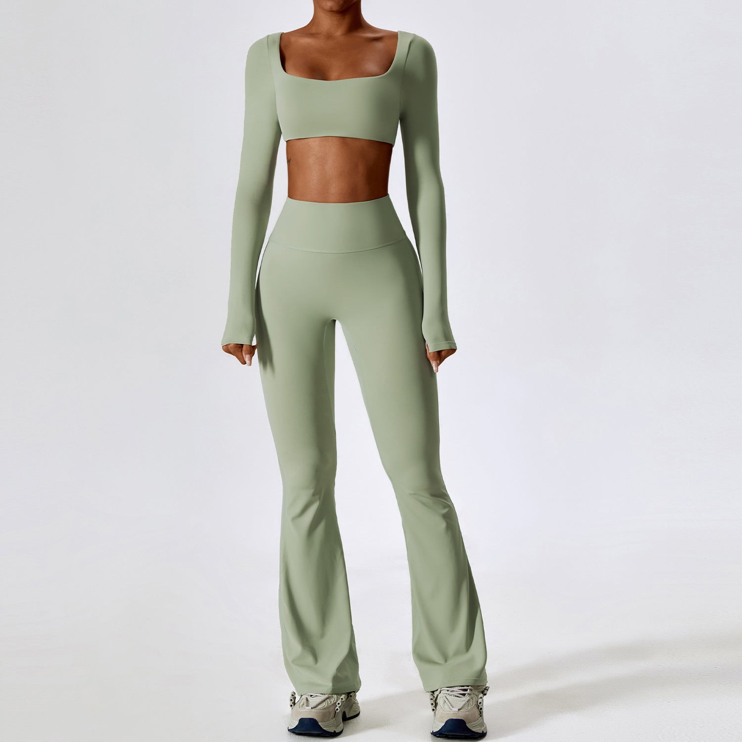 Nude Feel Long Sleeve Square Neck Crop Top and Flare Yoga Pants Activewear Set