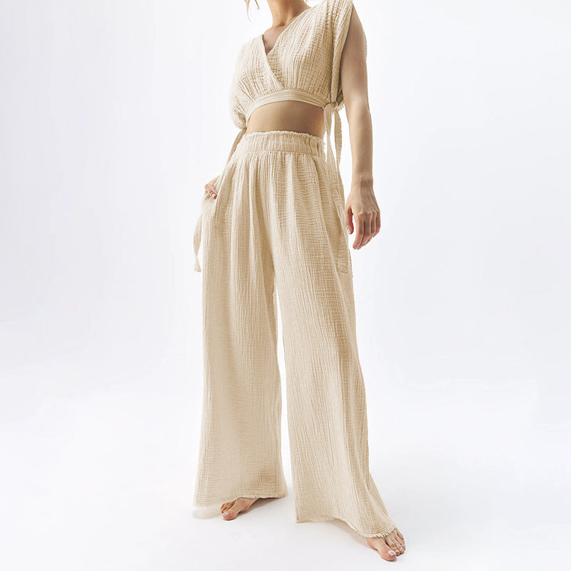 Effortlessly Chic Double Layer Cotton Gauze Relaxed Wide Leg Pants for Women