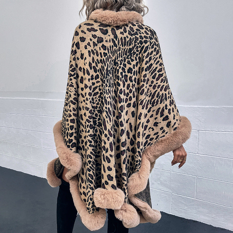 Cozy Leopard Print Faux Fur Trim Autumn Winter Kimono Style Cape Cardigan