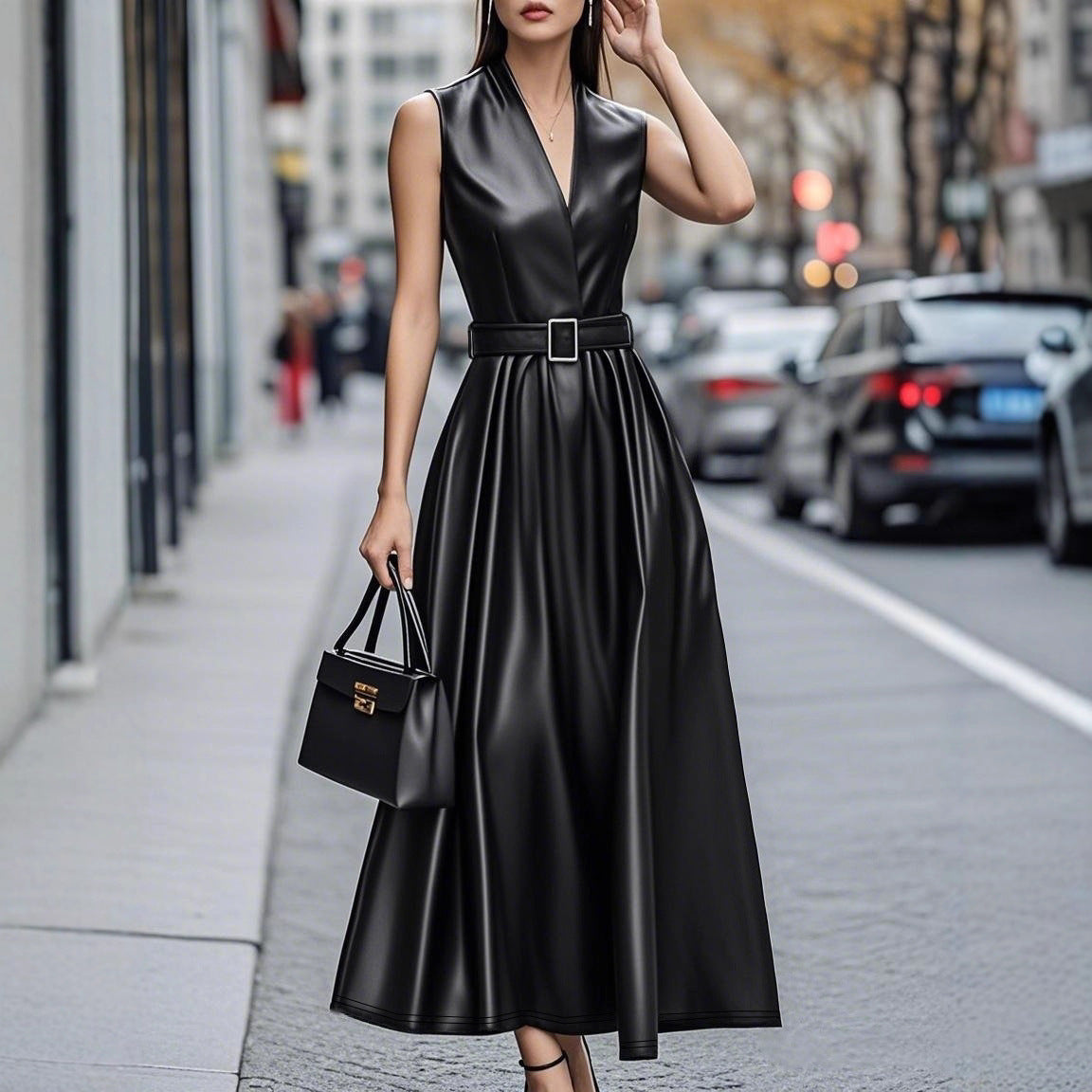 Elegant Sleeveless V-Neck Faux Leather Midi Dress with Stylish Belt