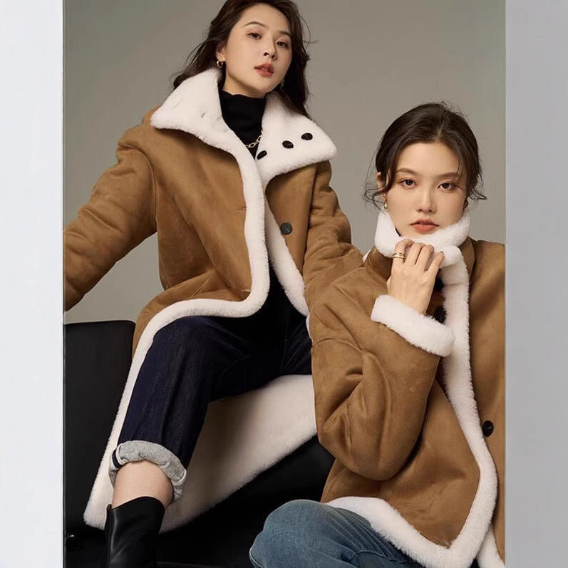 Cozy Faux Suede Shearling Jacket with Lambswool Effect Trim for Winter Style