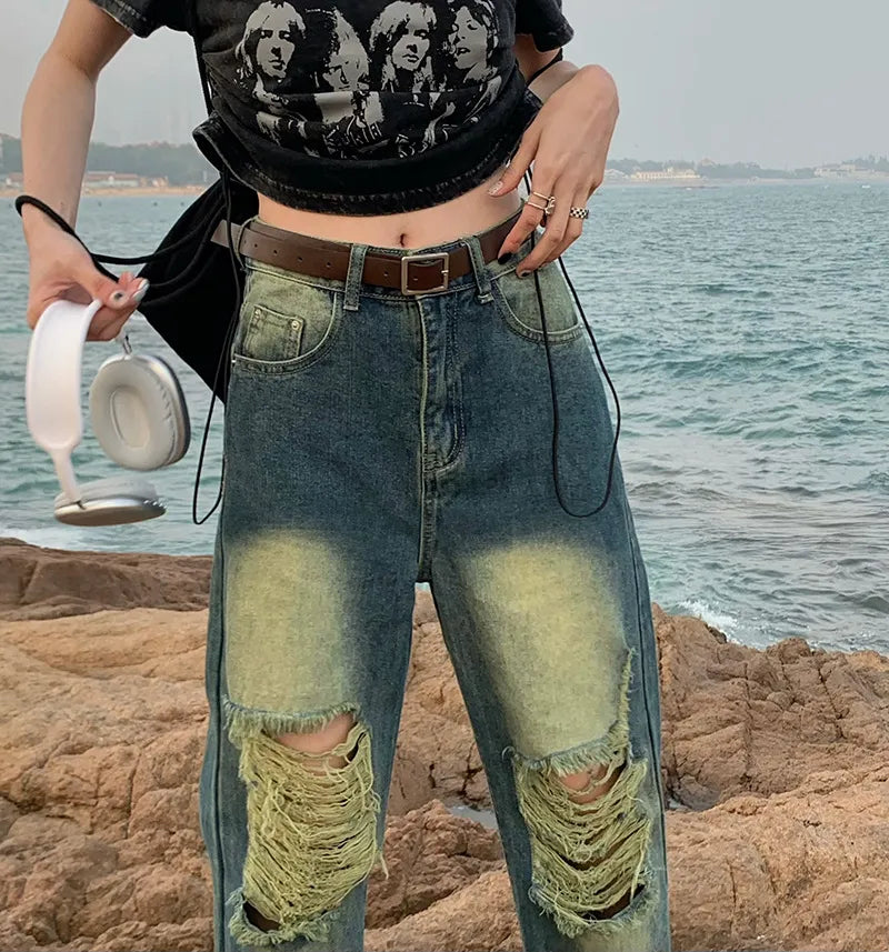 High-Waist Distressed Wide-Leg Denim Jeans