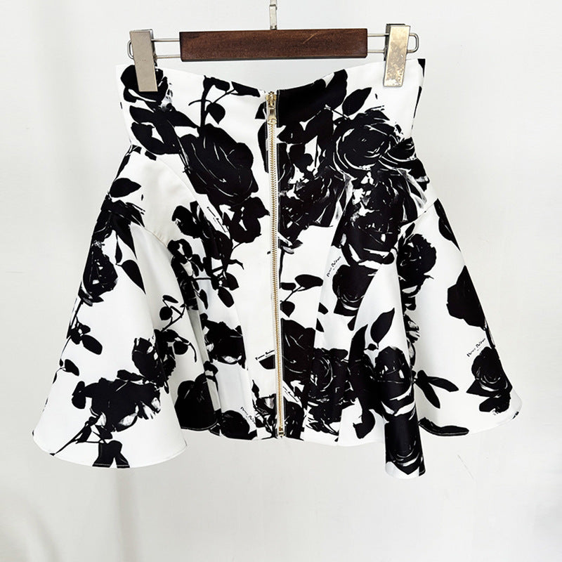 Elegant Black and White Rose Print Flared A Line Mini Skirt