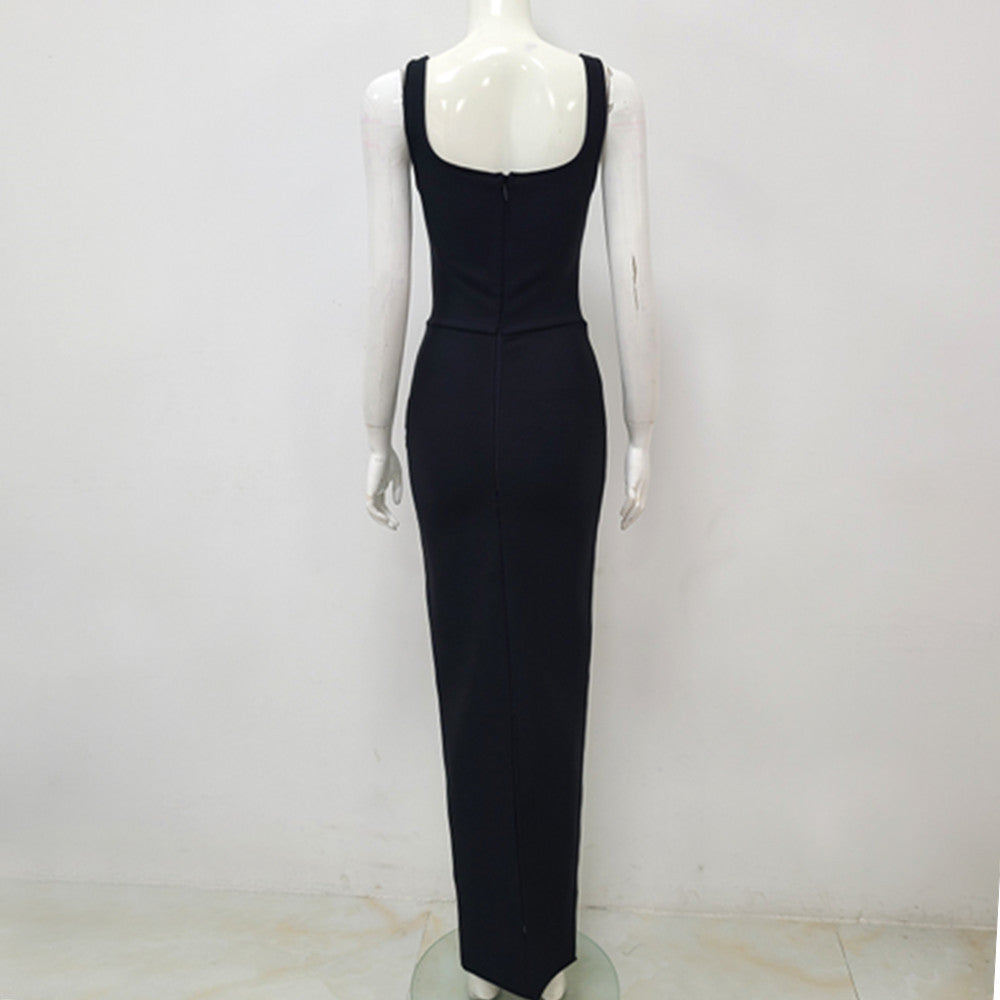 Elegant Black Rhinestone Sleeveless Maxi Evening Dress