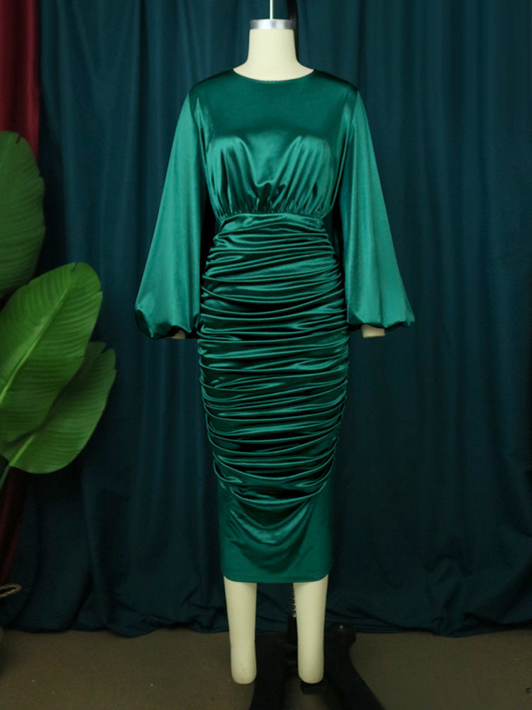 Elegant Green Ruched Midi Dress with Lantern Sleeves