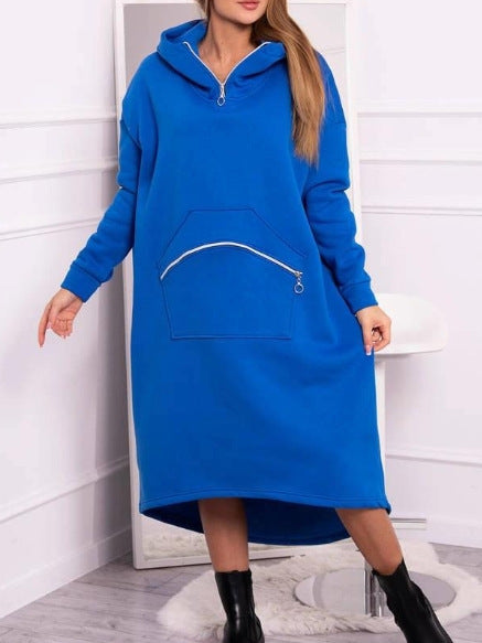 Cozy Casual Hooded Sweatshirt Dress with Zipper Detail and Pockets