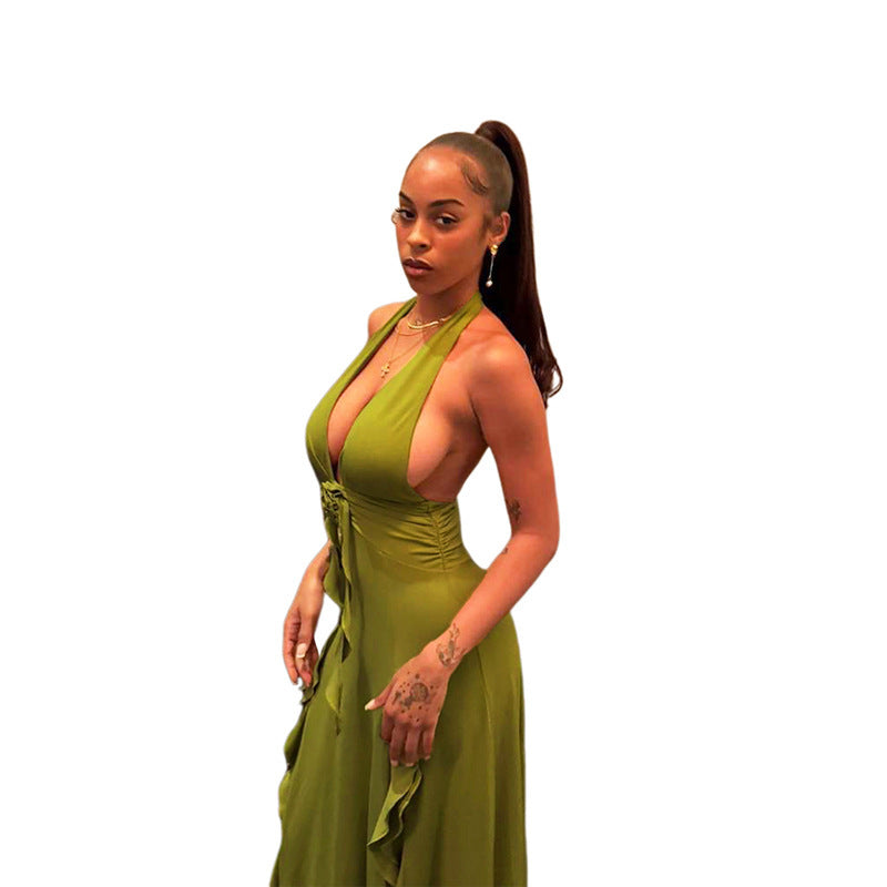 Women's Floral Halter Dress - V-Neck Slit Maxi Gown