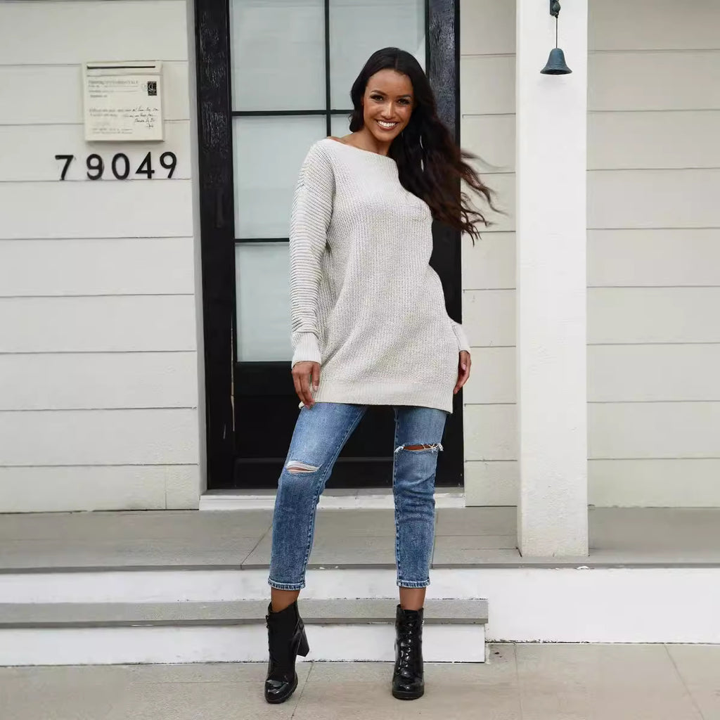 Effortless Off Neck Loose Knit Pullover Sweater Tunic