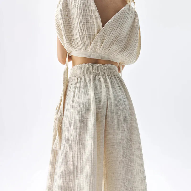 Effortlessly Chic Double Layer Cotton Gauze Relaxed Wide Leg Pants for Women
