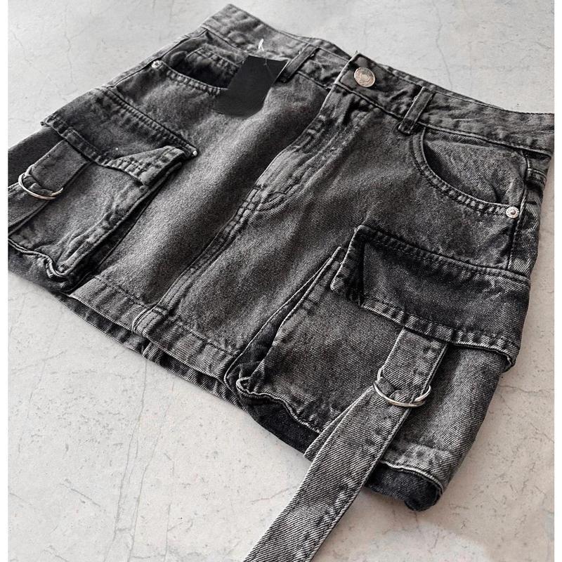 Trendy Y2K Washed Denim Mini Skirt with Utility Pockets