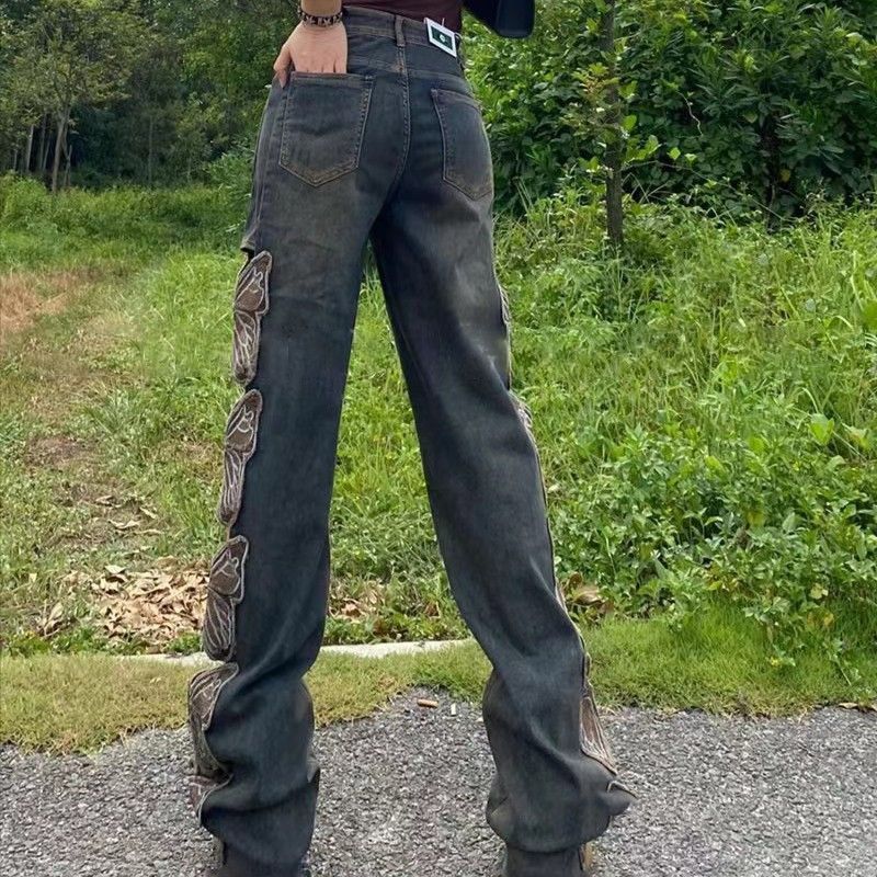 Distressed Butterfly High-Waist Wide Leg Jeans