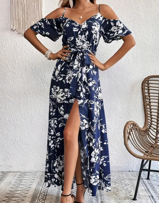 Elegant Floral Print Split Hem Cold Shoulder Summer Maxi Dress with Adjustable Waist