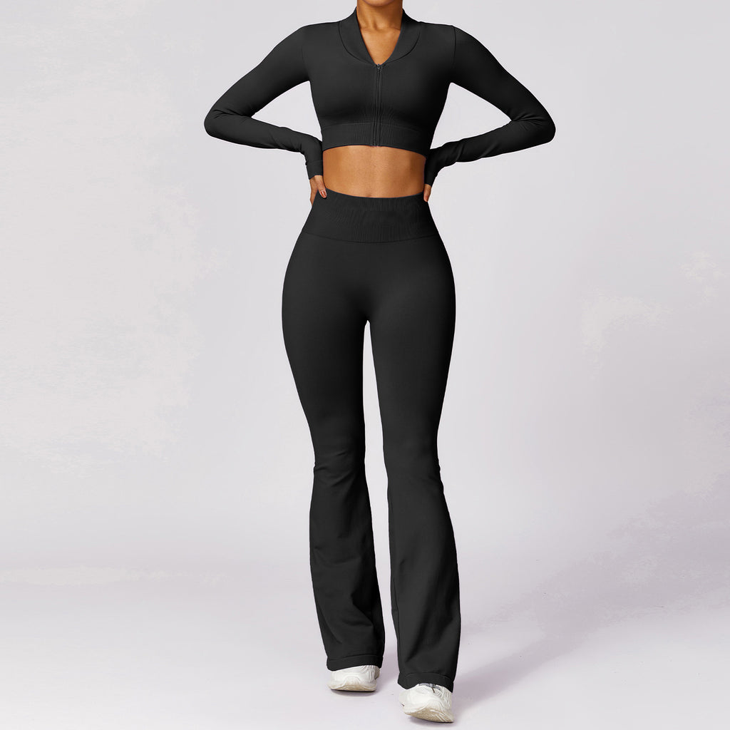 Seamless Ribbed Long Sleeve Crop Top and Flare Leggings Activewear Set